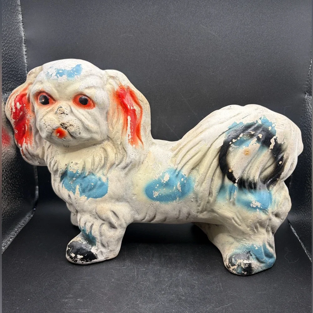 Vintage Pekingese Dog Carnival Chalkware Multicolored Statuette Figurine Figure